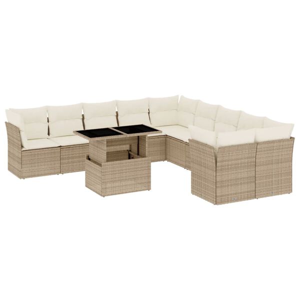 vidaXL 11-tlg. Garten-Sofagarnitur mit Kissen Beige Poly Rattan