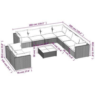 vidaXL 10-tlg. Garten-Lounge-Set mit Kissen Schwarz Poly Rattan