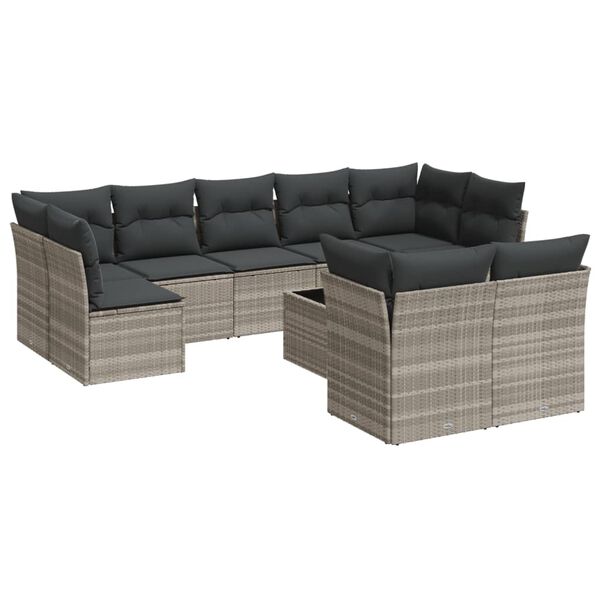 vidaXL 10-tlg. Garten-Sofagarnitur mit Kissen Hellgrau Poly Rattan