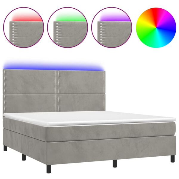 vidaXL Boxspringbett mit Matratze & LED Hellgrau 180x200 cm Samt
