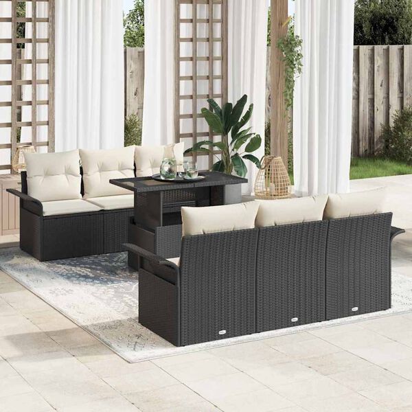 vidaXL Garten-Sofa-Set mit Kissen 7 pcs Schwarz Poly Rattan