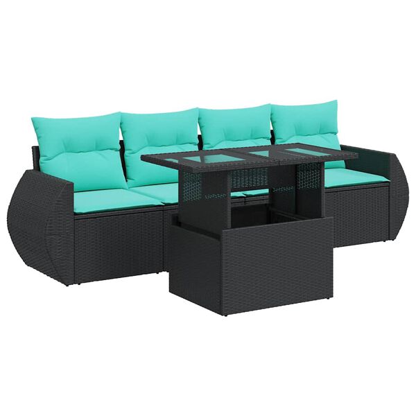 vidaXL 5tlg. Garten-Sofagarnitur mit Kissen Schwarz Poly Rattan Akazie