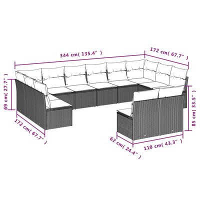 vidaXL 12-tlg. Garten-Sofagarnitur mit Kissen Schwarz Poly Rattan