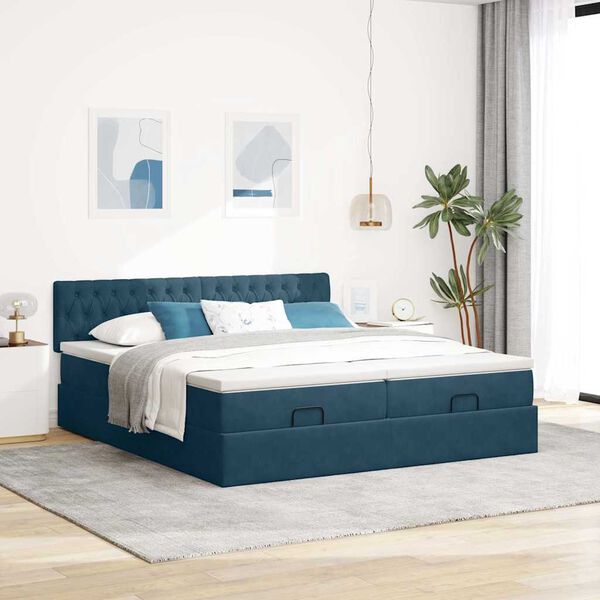 vidaXL Ottoman-Bett mit Matratzen & LEDs Dunkelblau 180x200 cm Samt