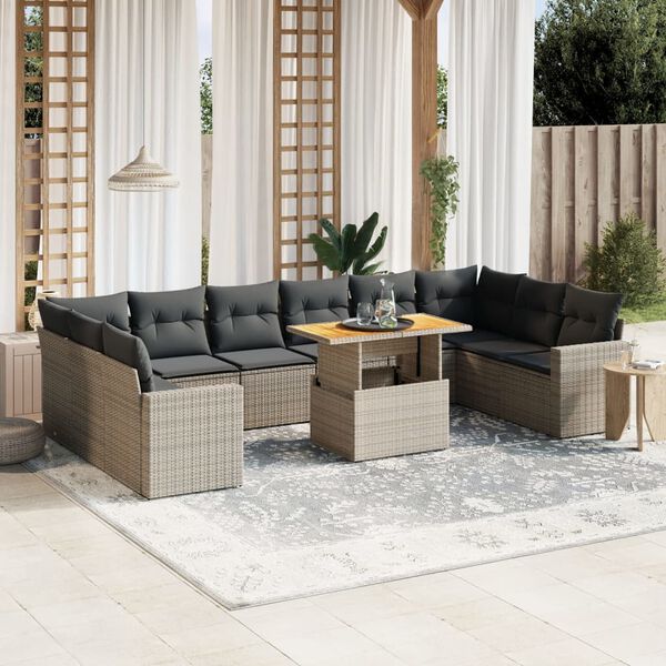 vidaXL 11-tlg. Garten-Sofagarnitur mit Kissen Grau Poly Rattan