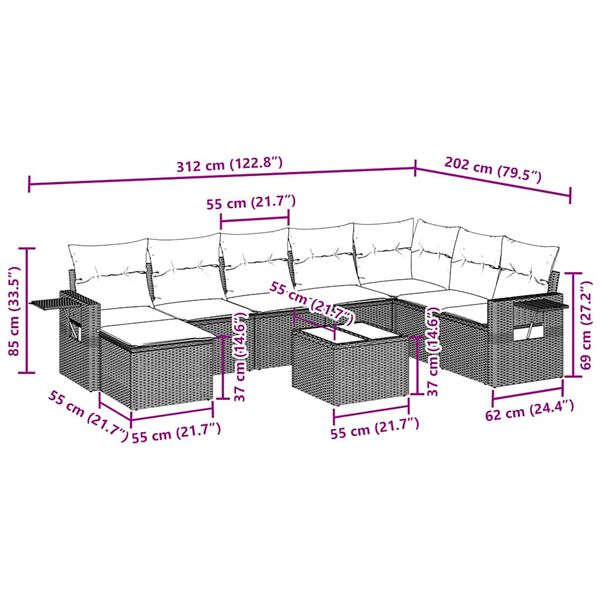 vidaXL 9-tlg. Garten-Sofagarnitur mit Kissen Schwarz Poly Rattan