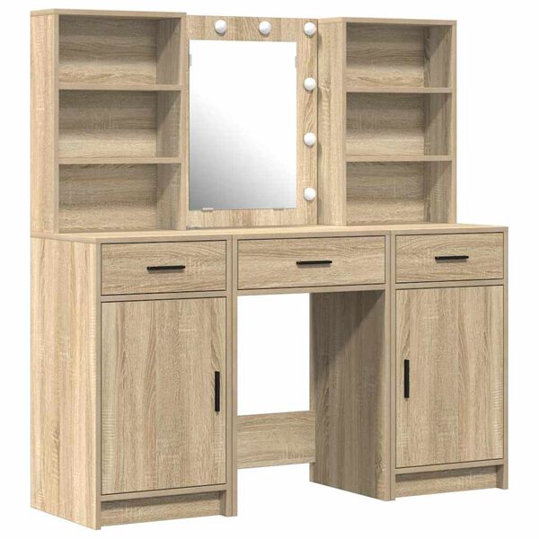 vidaXL Schminktischset mit LED 3 pcs Sonoma-Eiche Holzwerkstoff