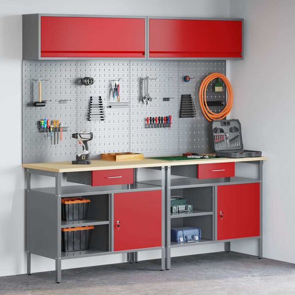 vidaXL Werkbank-Set mit Schubladen 8 pcs Rot 200 x 55 x 200 cm Stahl