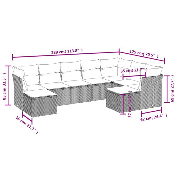 vidaXL 9-tlg. Garten-Sofagarnitur mit Kissen Schwarz Poly Rattan