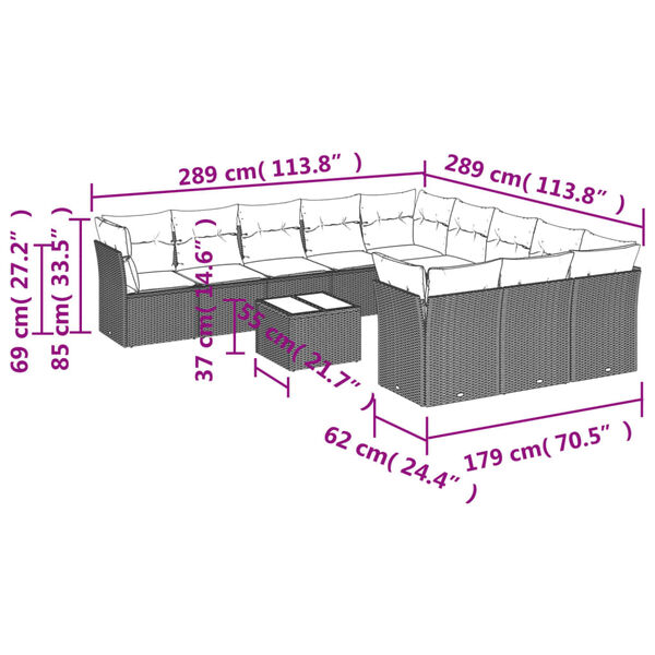 vidaXL 12-tlg. Garten-Sofagarnitur mit Kissen Hellgrau Poly Rattan