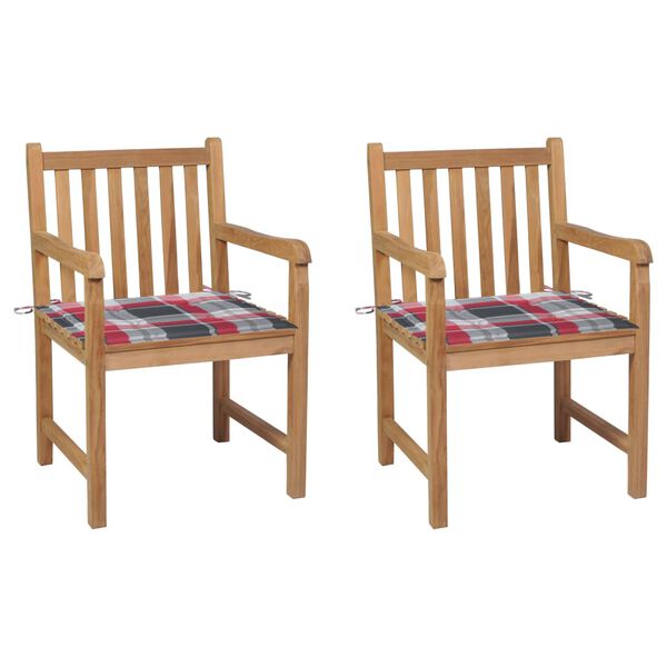 vidaXL Gartenst&uuml;hle 2 Stk. Rote Karomuster-Kissen Massivholz Teak