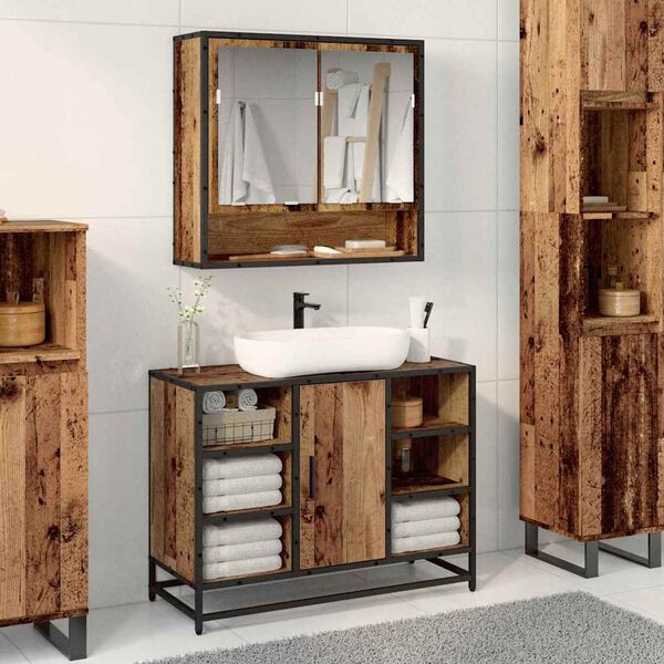vidaXL Badezimmerschrank mit T&uuml;r Altholz 80 x 33 x 60 cm Holzwerkstoff