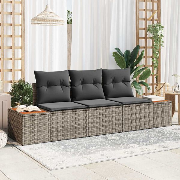 vidaXL Garten-Sofa-Set mit Kissen mit Speicher 3 pcs Grau Poly Rattan