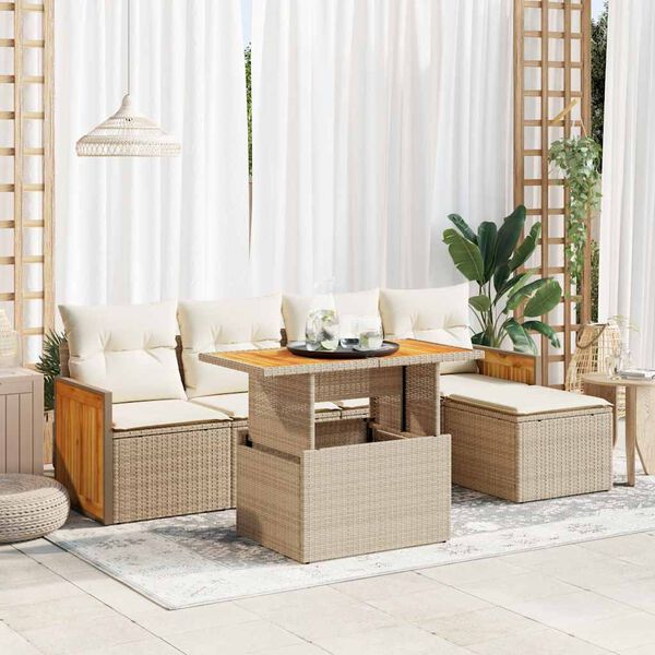 vidaXL 6-tlg. Garten-Sofagarnitur mit Kissen Beige Poly Rattan Akazie