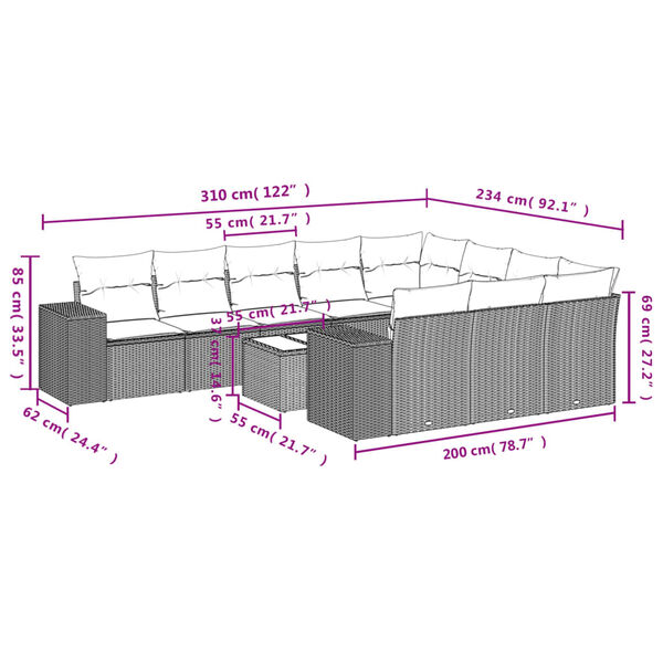 vidaXL 11-tlg. Garten-Sofagarnitur mit Kissen Hellgrau Poly Rattan
