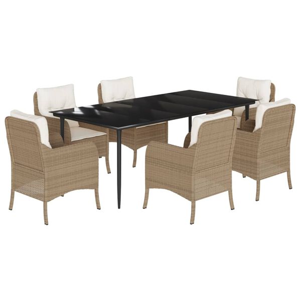 vidaXL 7-tlg. Garten-Essgruppe mit Kissen Beige Poly Rattan