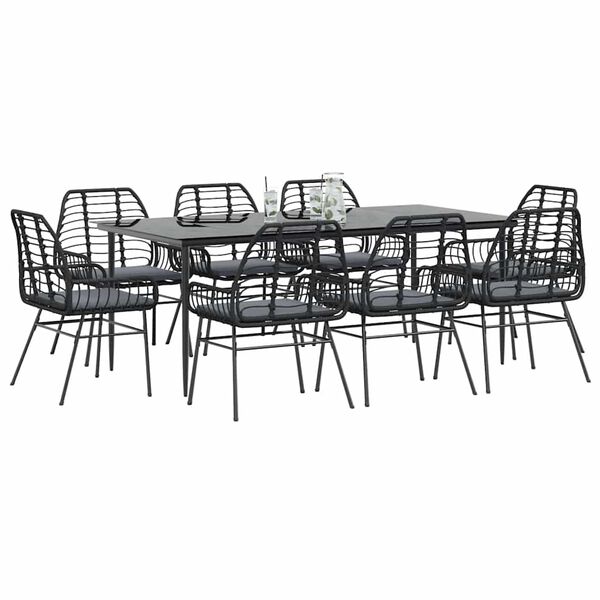 vidaXL 9-tlg. Garten-Essgruppe mit Kissen Schwarz Poly Rattan Glas