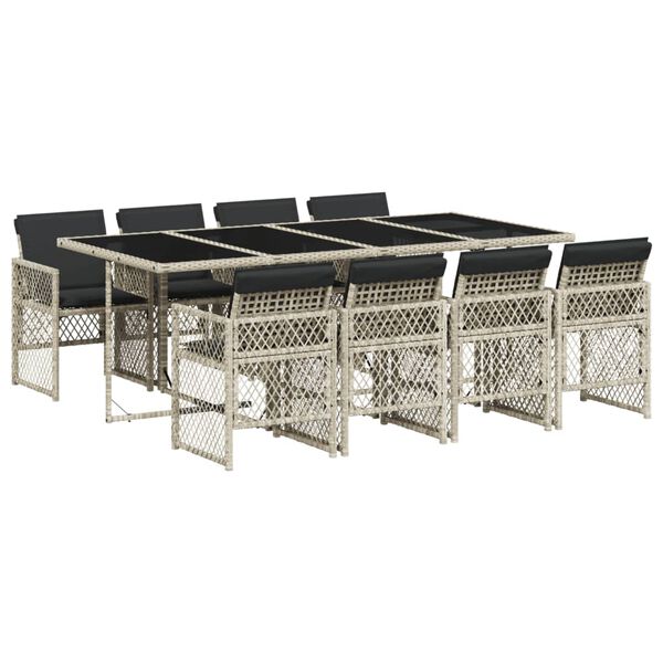vidaXL 9-tlg. Garten-Essgruppe mit Kissen Hellgrau Poly Rattan