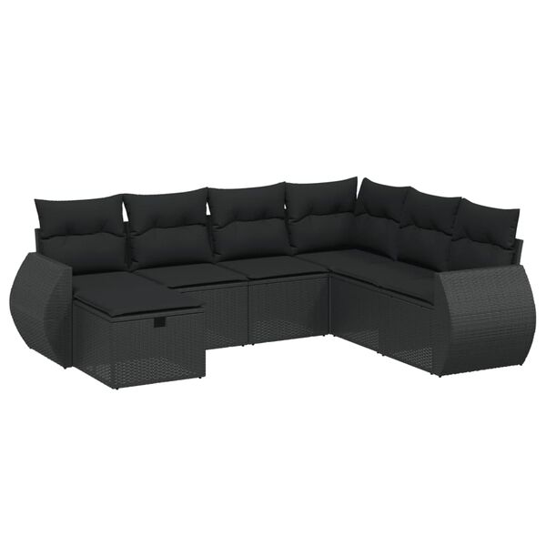 vidaXL 7-tlg. Garten-Sofagarnitur mit Kissen Schwarz Poly Rattan