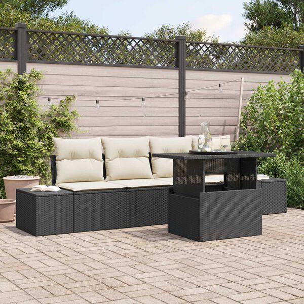 vidaXL Garten-Sofa-Set mit Kissen mit Speicher 5 pcs Schwarz und Creme
