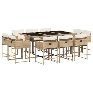 vidaXL 11-tlg. Garten-Essgruppe mit Kissen Beige Poly Rattan