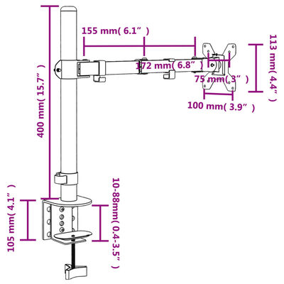 vidaXL Monitorhalterung Schwarz Stahl VESA 75/100 mm