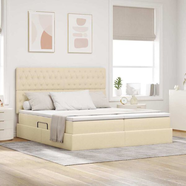 vidaXL Bett mit LED-Lichtleisten mit Kopfteil Creme 180 x 200 cm Stoff