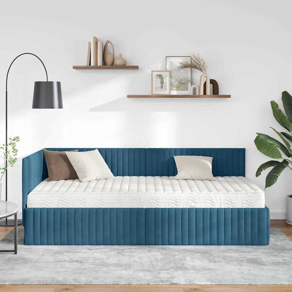vidaXL Eckbettgestell mit Matratze mit Kopfteil 2 pcs Blau Samt