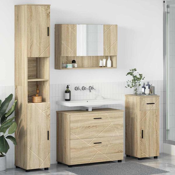 vidaXL Badezimmerm&ouml;bel-Set 4 pcs Sonoma-Eiche Sperrholz und Metall