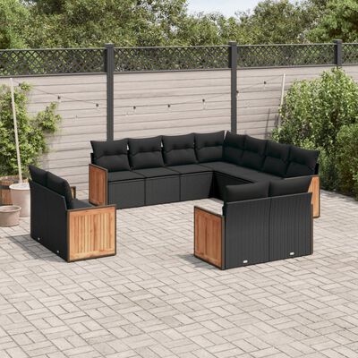 vidaXL 11-tlg. Garten-Sofagarnitur mit Kissen Schwarz Poly Rattan