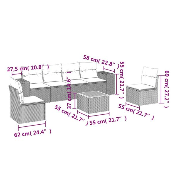 vidaXL 7-tlg. Garten-Sofagarnitur mit Kissen Beige Poly Rattan