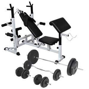 vidaXL Hantelbank mit Ablage, Langhantel und Kurzhantel-Set 90 kg
