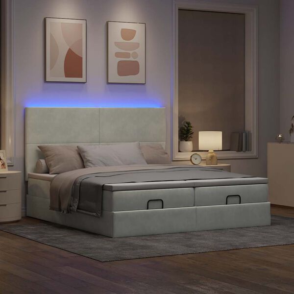 vidaXL Ottoman-Bett mit Matratzen & LEDs Hellgrau 200x200 cm Samt