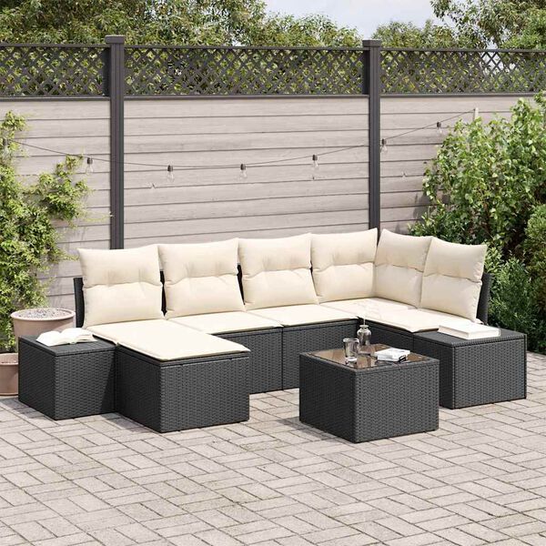 vidaXL Gartensofa-set mit Kissen 7 pcs Schwarz und Creme Poly-Rattan