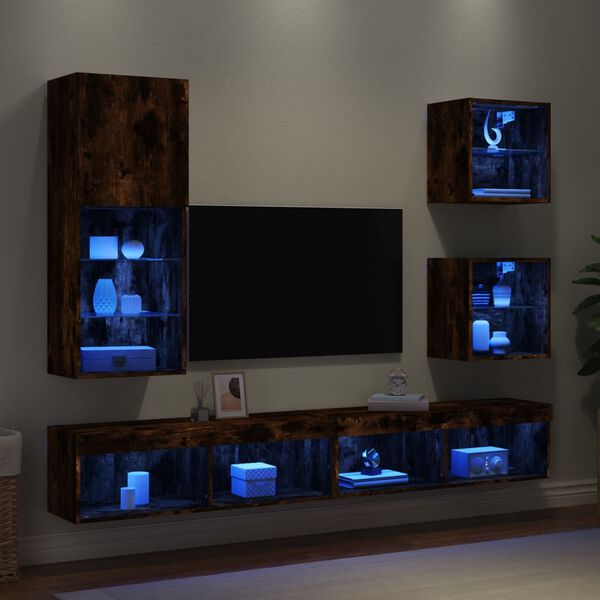 vidaXL 5-tlg. Wohnwand mit LED-Beleuchtung R&auml;uchereiche Holzwerkstoff