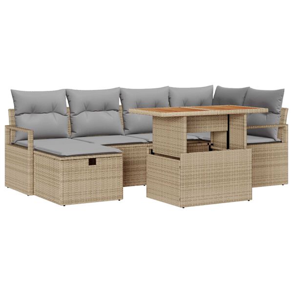 vidaXL Garten-Sofa-Set mit Kissen mit Speicher 7 pcs Beige Poly Rattan