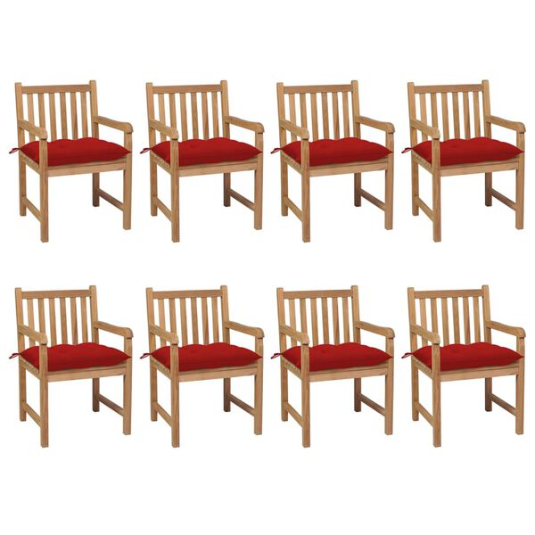 vidaXL Gartenst&uuml;hle 8 Stk. mit Roten Kissen Massivholz Teak