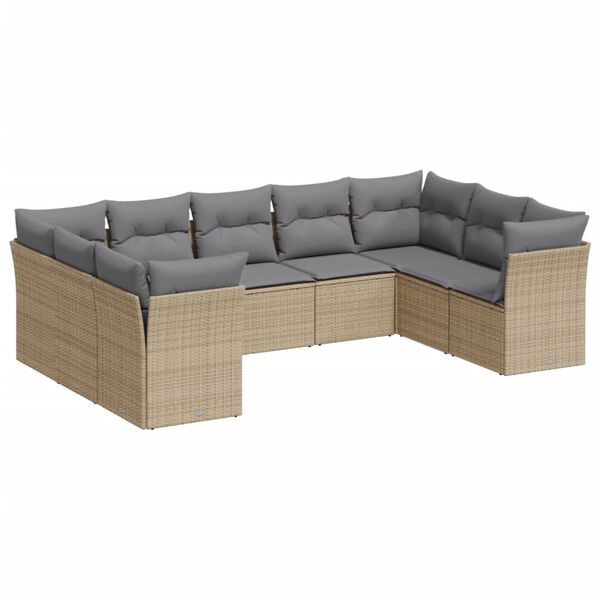 vidaXL 9-tlg. Garten-Sofagarnitur mit Kissen Beige Poly Rattan