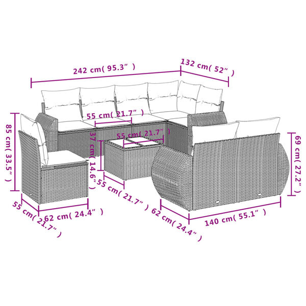 vidaXL 9-tlg. Garten-Sofagarnitur mit Kissen Braun Poly Rattan