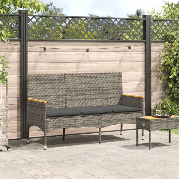 vidaXL Gartenbank 3-Sitzer mit Kissen Grau Poly Rattan
