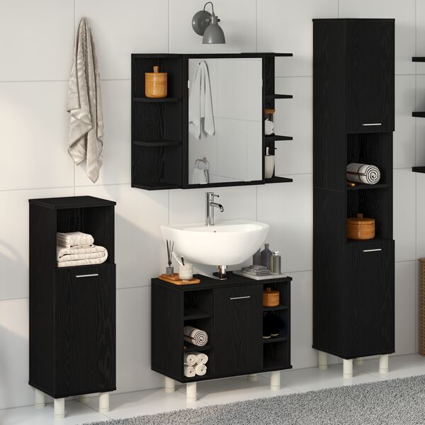 vidaXL Badezimmerm&ouml;bel-Set mit Regal 4 pcs Schwarz 30 x 30 x 179,5 cm
