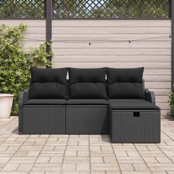vidaXL Garten-Sofa-Set mit Kissen 4 pcs Schwarz Poly-Rattan