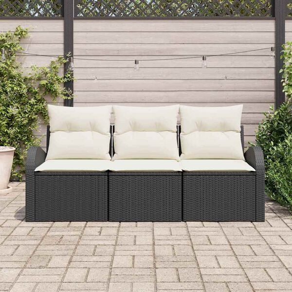 vidaXL Garten-Sofa-Set mit Kissen 3 pcs Schwarz und Wei&szlig; Poly Rattan