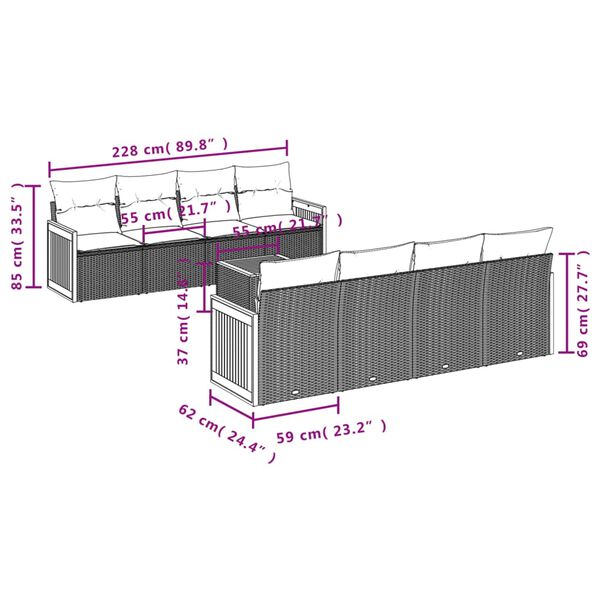 vidaXL 9-tlg. Garten-Sofagarnitur mit Kissen Schwarz Poly Rattan