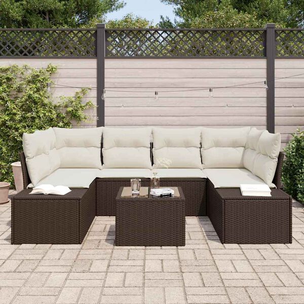 vidaXL Garten-Sofa-Set mit Kissen 7 pcs Braun Poly-Rattan