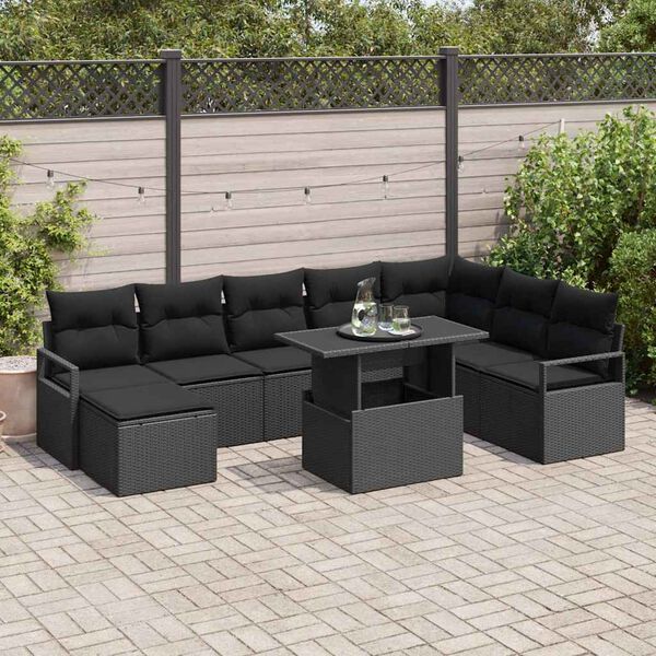 vidaXL Garten-Sofa-Set mit Kissen 9 pcs Schwarz