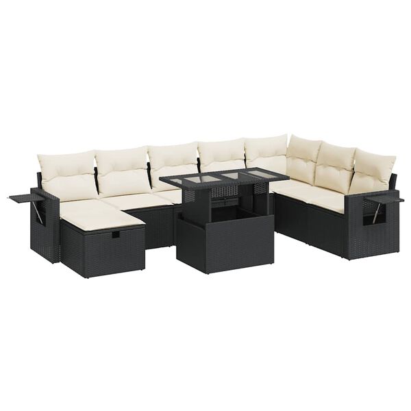 vidaXL 9-tlg. Garten-Sofagarnitur mit Kissen Schwarz Poly Rattan