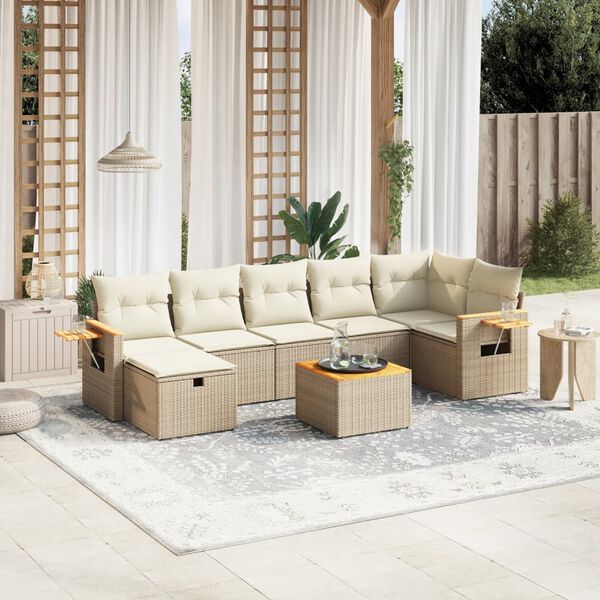 vidaXL 7-tlg. Garten-Sofagarnitur mit Kissen Beige Poly Rattan
