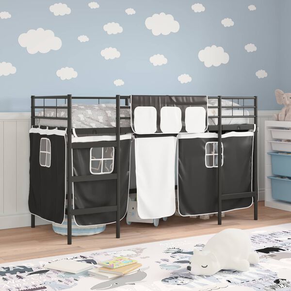 vidaXL Kinder Loft Bettgestell mit Vorh&auml;ngen Schwarz 99,5 x 190 cm