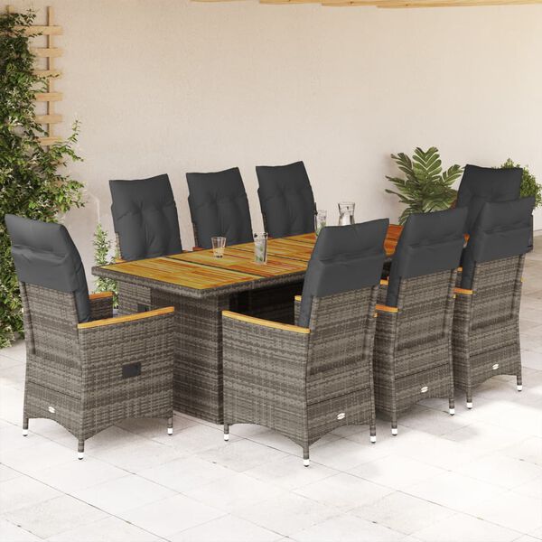 vidaXL 11-tlg. Garten-Bistro-Set mit Kissen Grau Poly Rattan